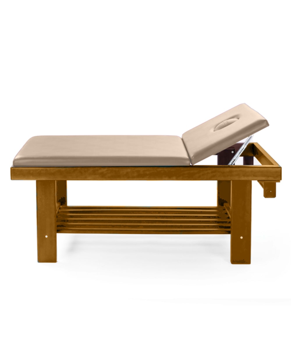 lettino da massaggio Lexia, in legno di Noce Chiaro, ideale per l'uso professionale in spa e centri benessere.