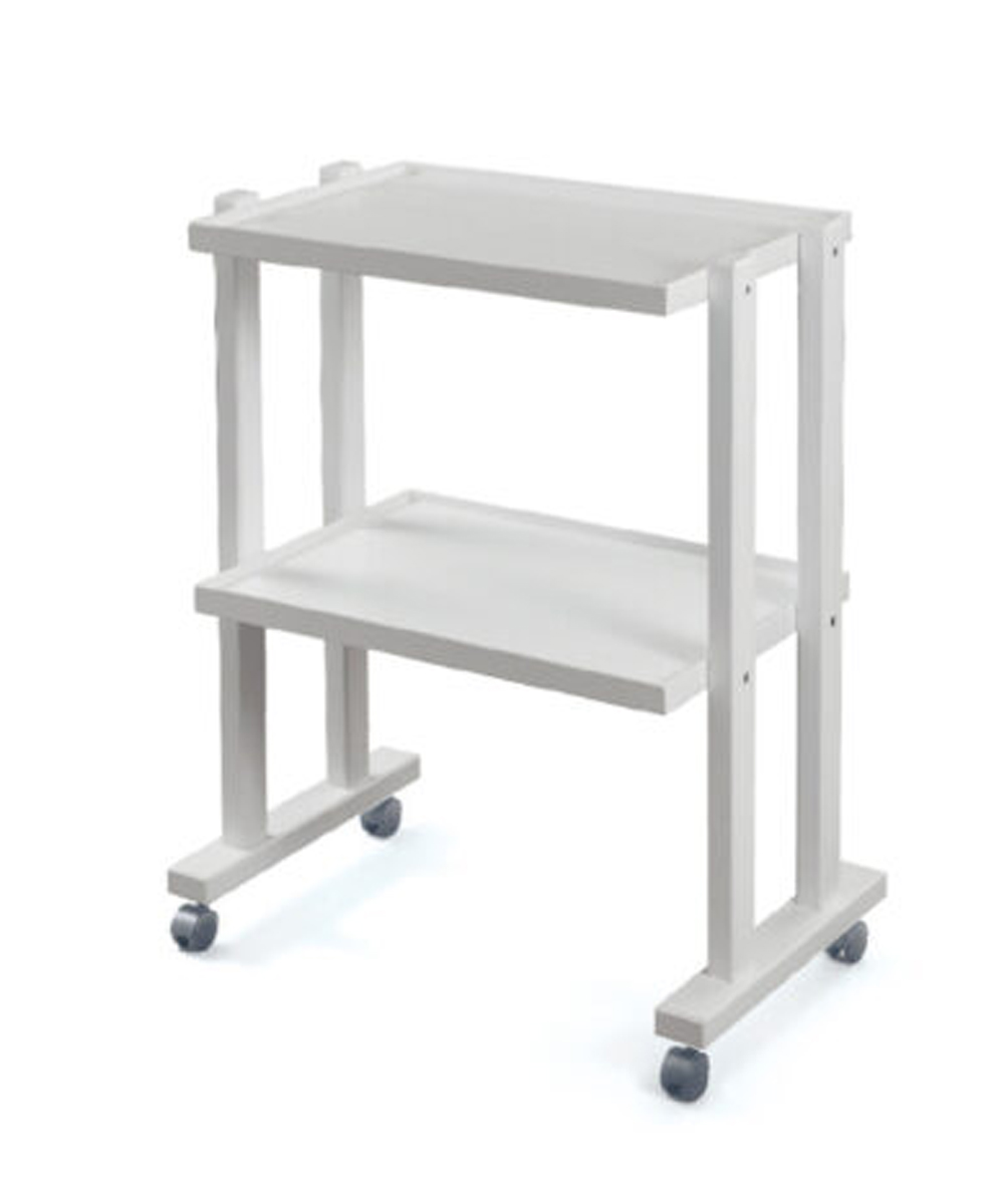 Carrello estetista in legno massello di faggio, laccato bianco con due ripiani e ruote. Elegante, resistente e versatile, ideale per spa, centri estetici e studi medici.