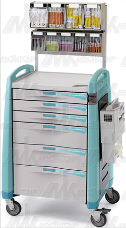 Carrello medic. anestesia,5 cassetti chius. digit, 2 maniglie, c/access. 