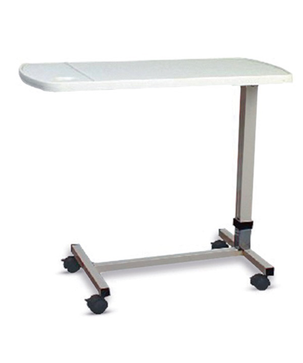 Tavolo servitore regolabile con struttura in acciaio verniciato, piano lavabile e base con ruote piroettanti dotate di freni.