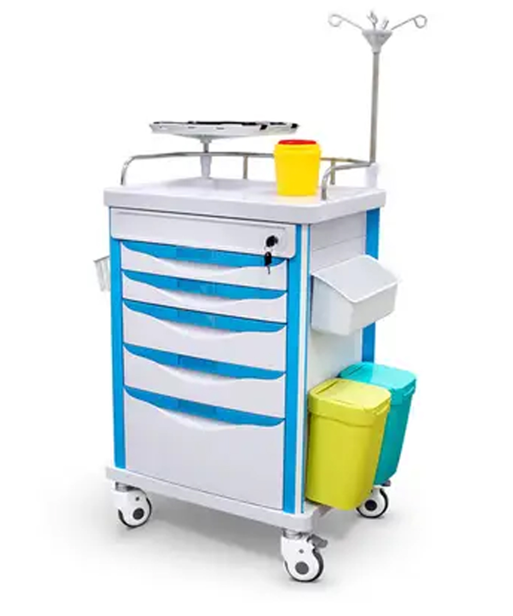 Carrello di emergenza con lettino cardiaco, vassoio defibrillatore e cinque cassetti in ABS e acciaio, dotato di ruote di cui due con freno.