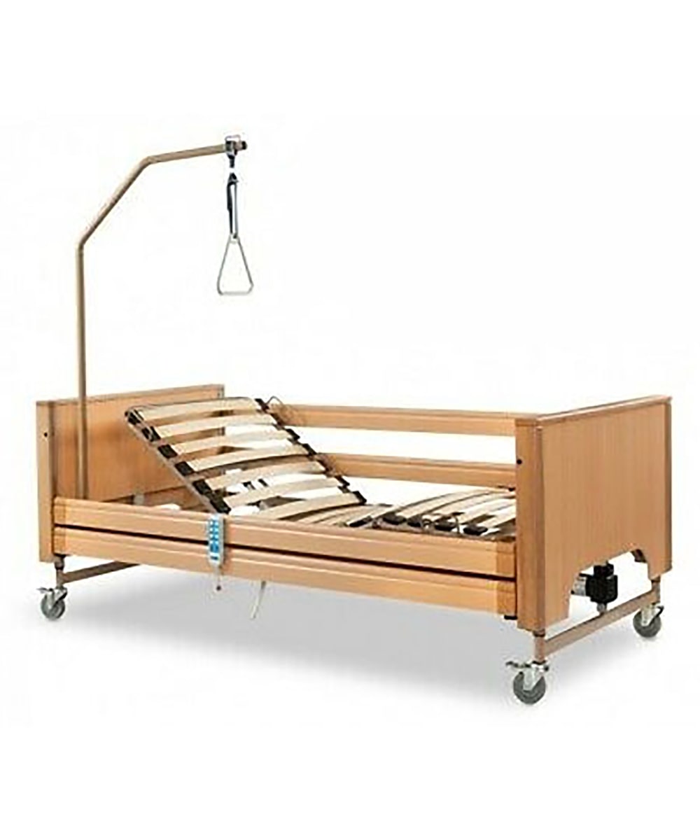 Letto elettrico ortopedico THUASNE con sponde in legno, alzamalati e struttura robusta, ideale per assistenza domiciliare e professionale.