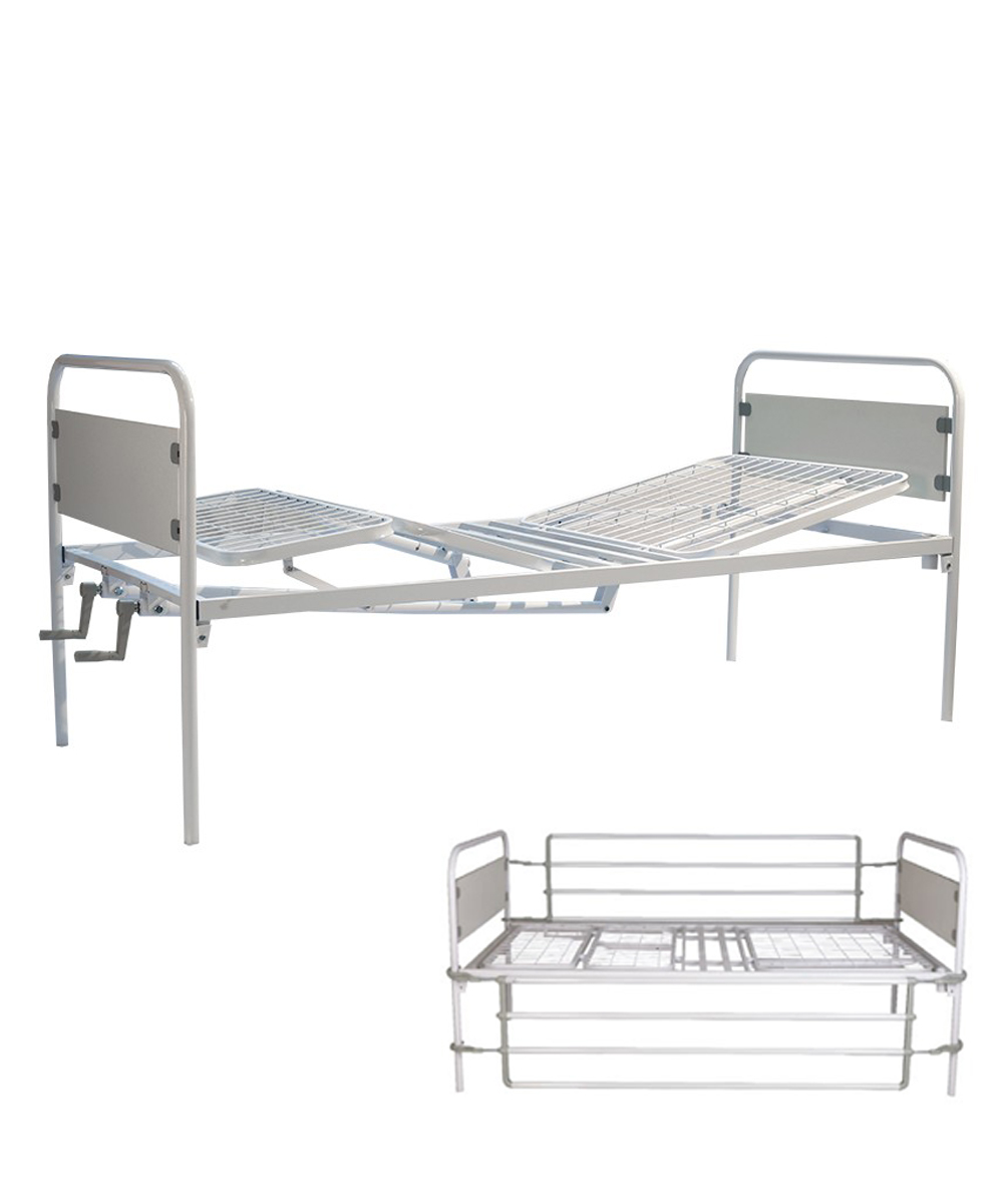 Letto ortopedico a due manovelle con sponde ribaltabili in acciaio, ideale per la degenza. Regolabile manualmente per inclinazione di schienale e poggiagambe. Struttura robusta in acciaio e legno MDF.