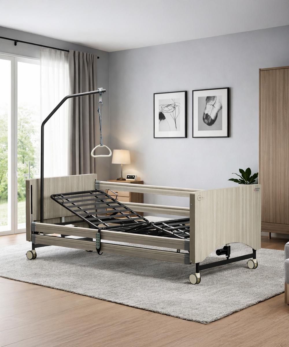Letto deg. elet. legno moon alpha 4sez. c/sponde,soll.malat,ruot p.170kg 