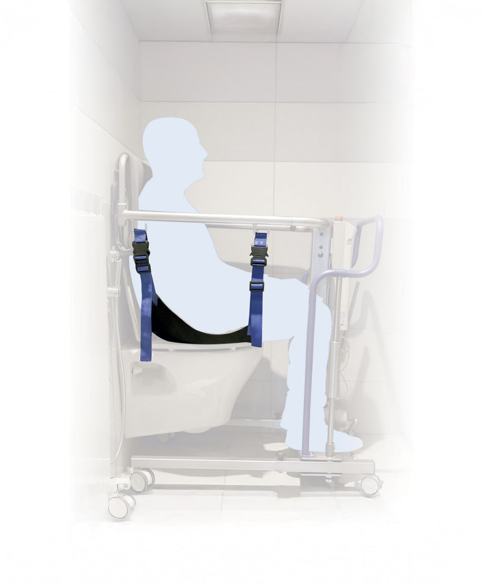 Imbracatura per toilette in poliestere con apertura igienica, compatibile con sollevatore MUEVO HOME, per trasferimento sicuro di pazienti.