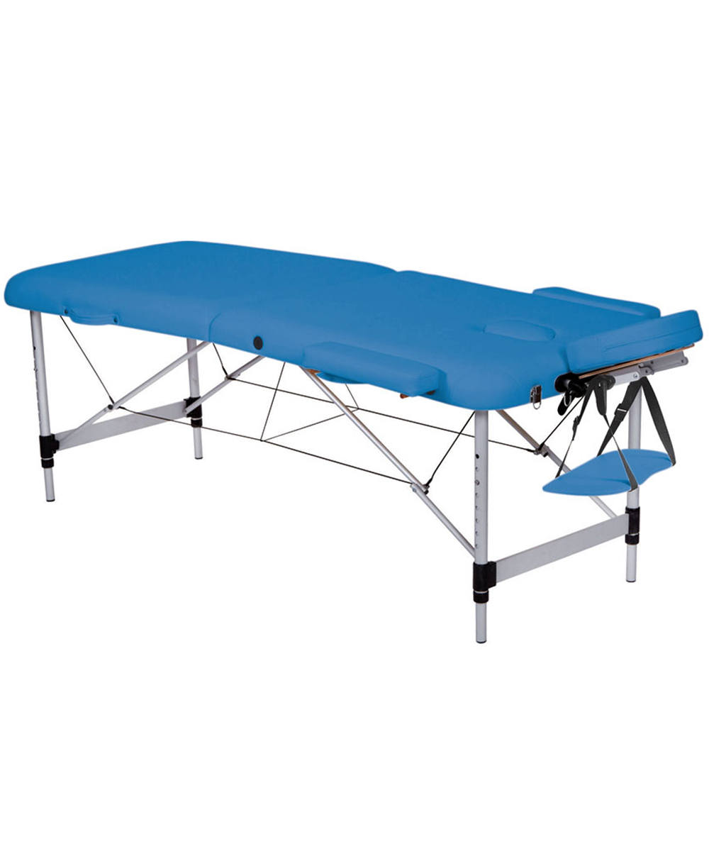 Lettino da massaggio pieghevole in alluminio, con rivestimento in vinile blu e imbottitura da 5 cm. Completo di poggiatesta, braccioli e borsa per il trasporto.