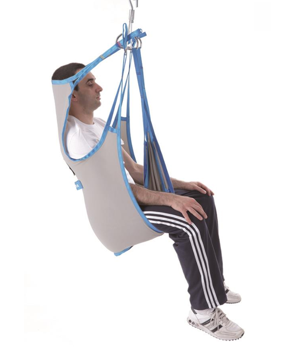 Imbracatura per sollevamalati con supporto per la testa, realizzata in tessuto di poliestere resistente e dotata di tre punti di aggancio per un utilizzo sicuro e stabile.