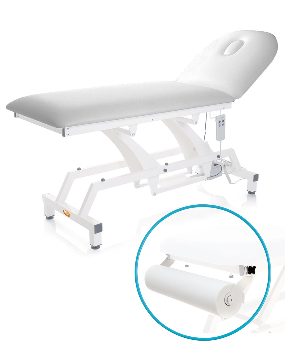 Lettino elettrico LYTUS 68 cm in acciaio con piano imbottito similpelle bianca e schienale motorizzato regolabile a 60 gradi per visite mediche.