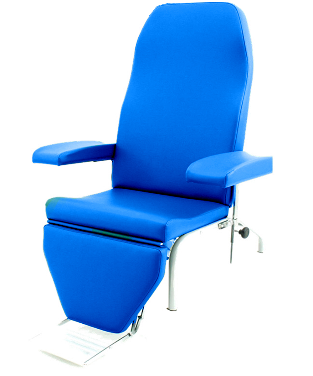 Poltrona medicale blu con struttura in acciaio, schienale reclinabile, braccioli regolabili e tappezzeria ignifuga classe 1IM.
