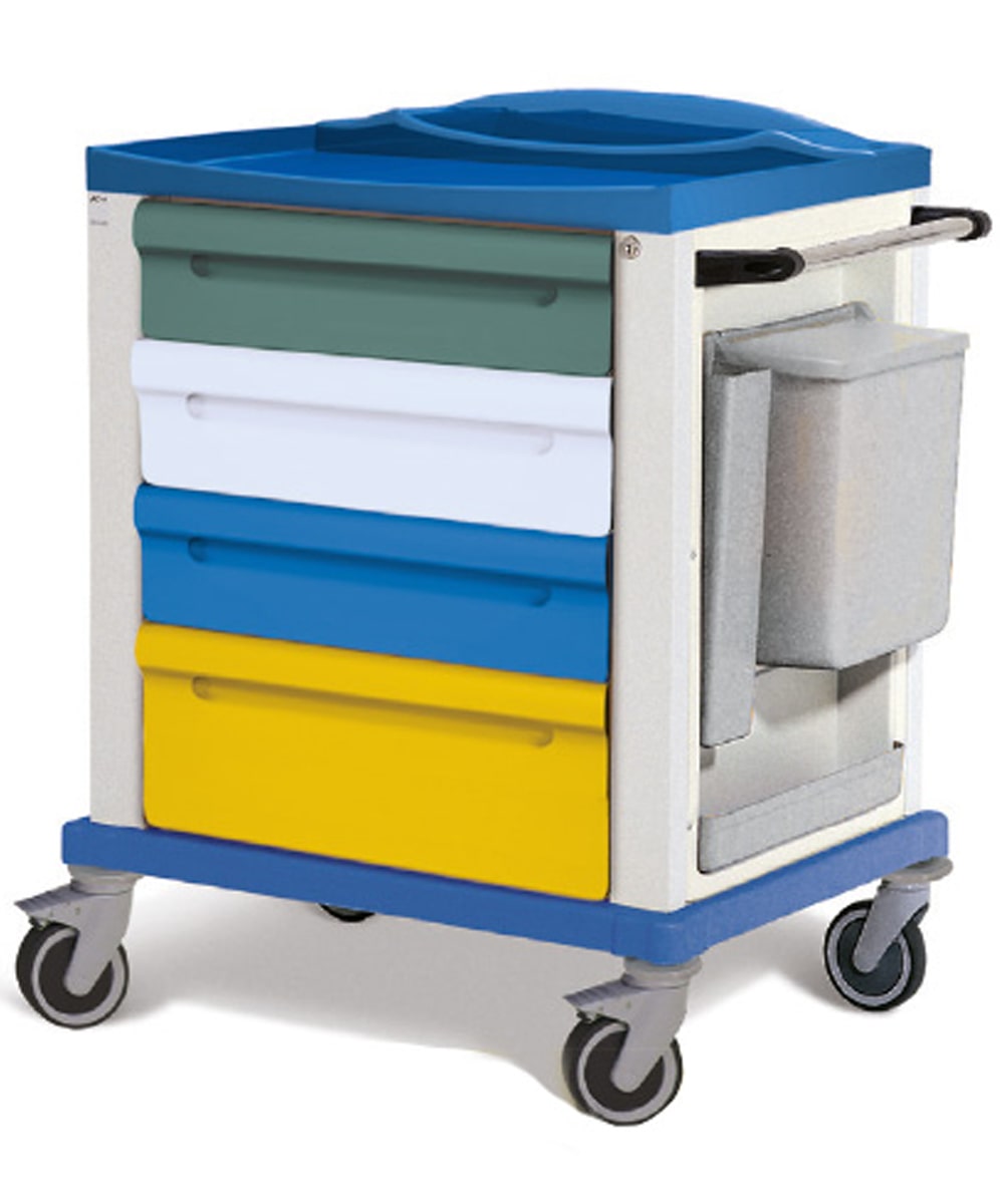 Carrello medicale in plastica tecnopolimero con cassetti modulari e accessori laterali, ruote antifilo e maniglione ergonomico.