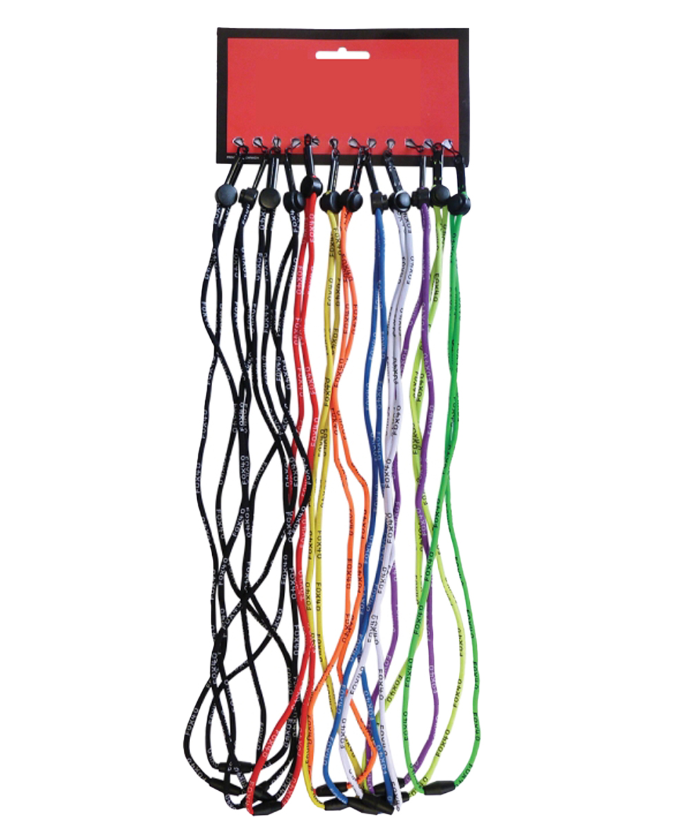 Cordoncini per fischietti intrecciati, con clip di sicurezza sganciabile, gancio a J e regolazione a molla, ideali per uso professionale.