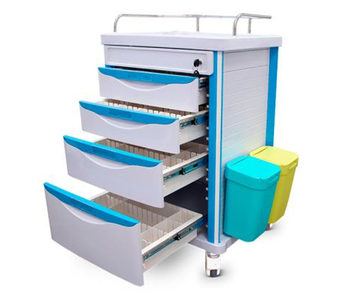Carrello x farmaci abs/allum 4 cassetti, 2 cestini, chiave 64x48x105h cm 