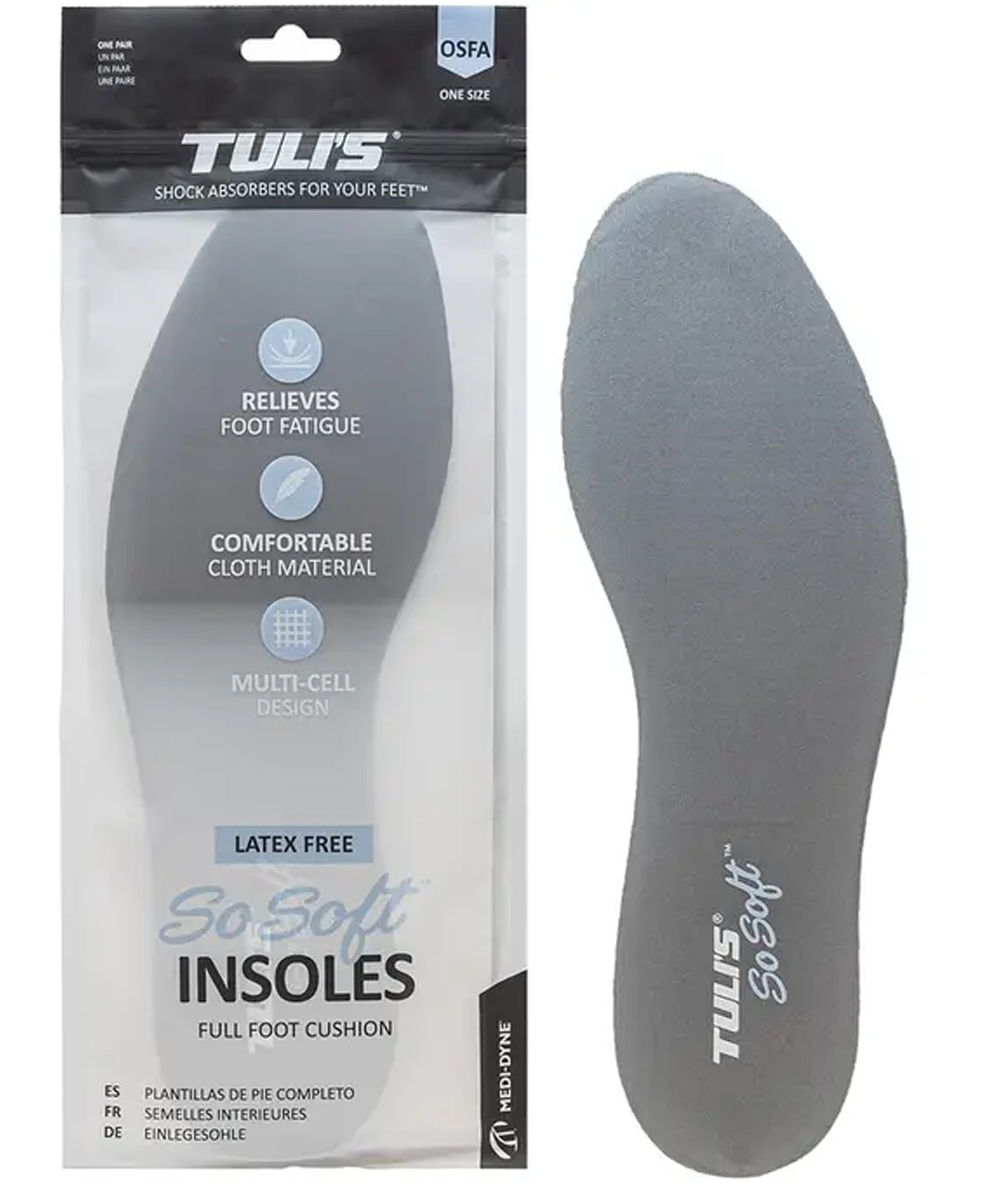 Solette Tuli's So Soft in gel, ammortizzanti e foderate, taglia unica regolabile. Comfort totale per ogni tipo di scarpa.