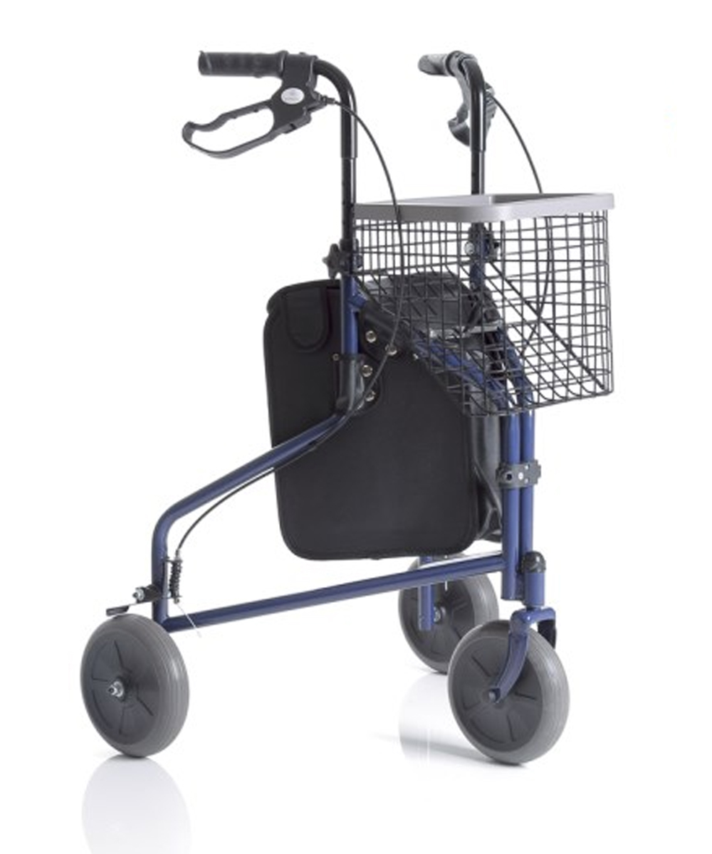 rollator cryo pieghevole a 3 ruote in acciaio con freni, maniglie regolabili, cestino e vassoio. Soluzione ideale per supportare la mobilità delle persone con difficoltà di deambulazione.