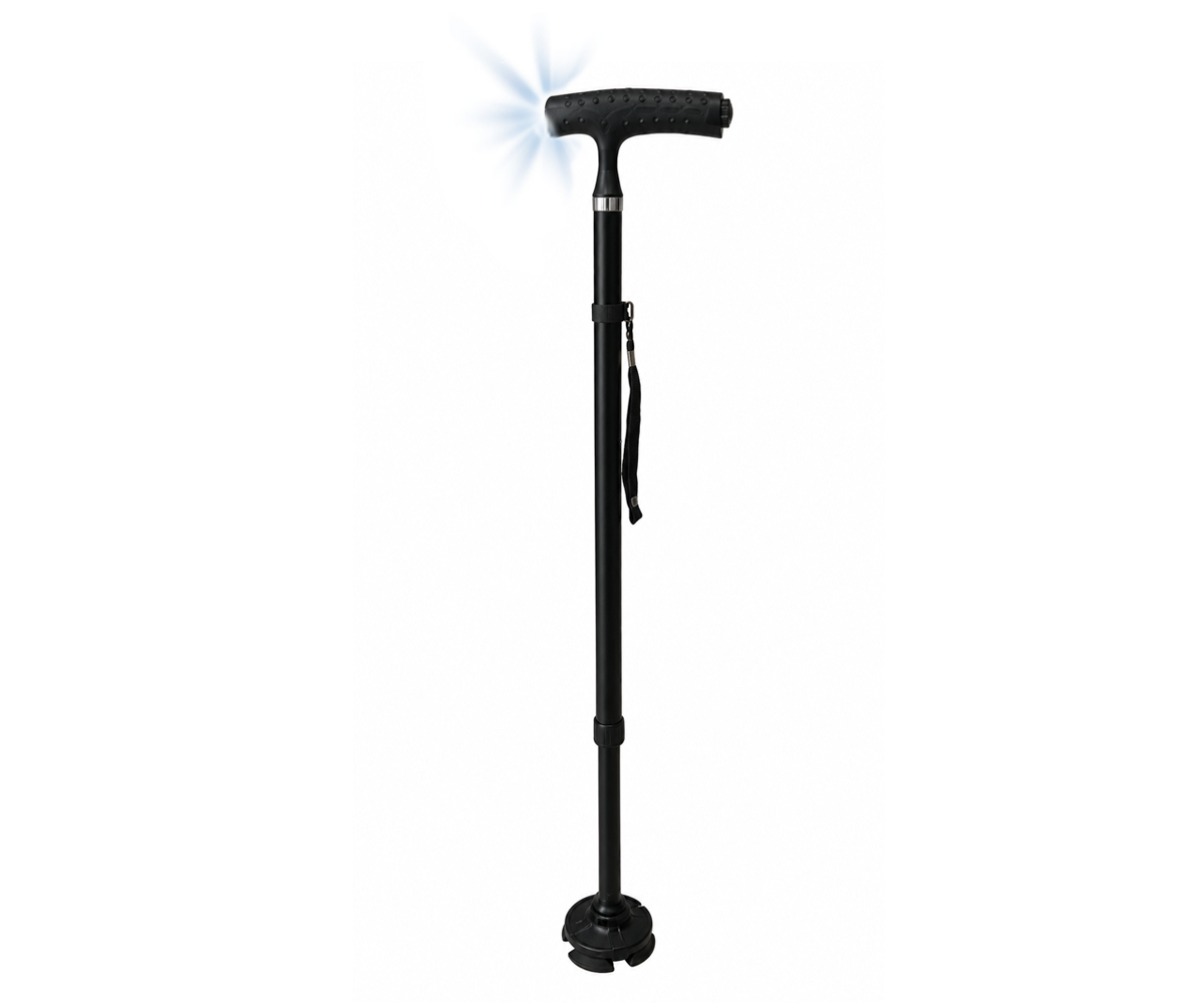 Bastone da passeggio regolabile con luce LED e piede basculante