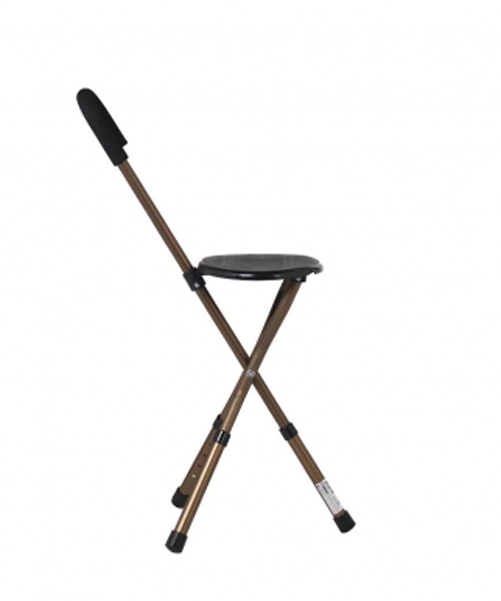 Bastone a sgabello pieghevole in alluminio con seduta ergonomica regolabile, impugnatura morbida e puntali antiscivolo per stabilità e comfort quotidiano.