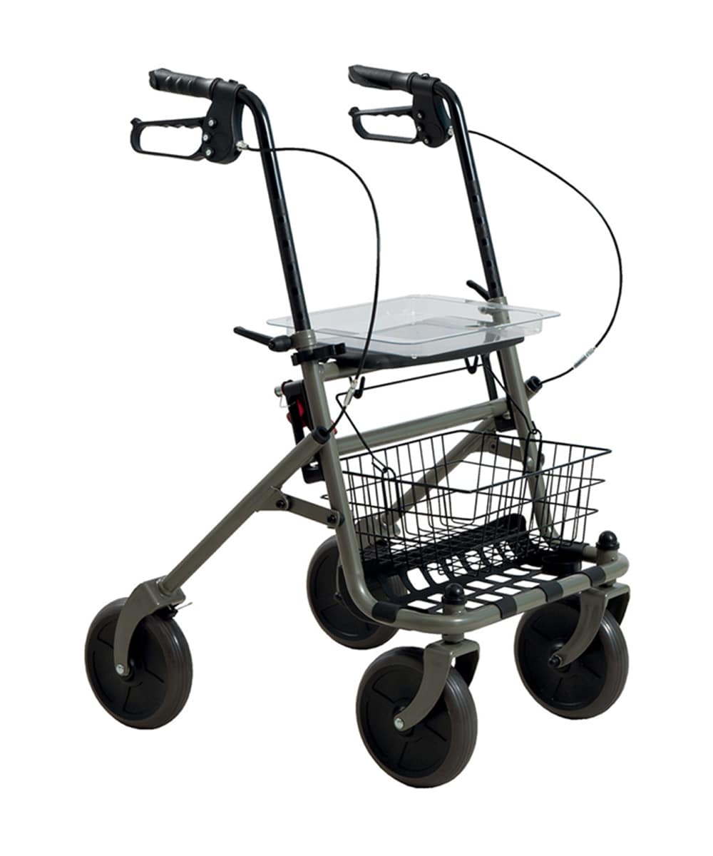 Rollator pieghevole in acciaio verniciato con sedile, cestino, vassoio e ruote grandi, ideale per l’uso esterno quotidiano.