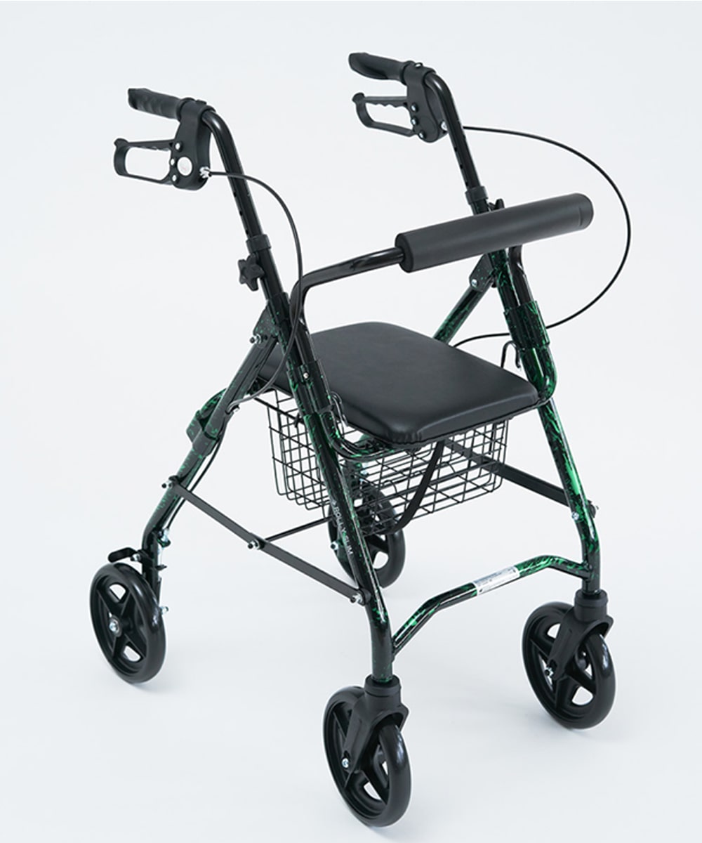 Rollator ROLLY SLIM compatto in alluminio nero e verde, con seduta, freni, porta bastone e cestino portaoggetti.