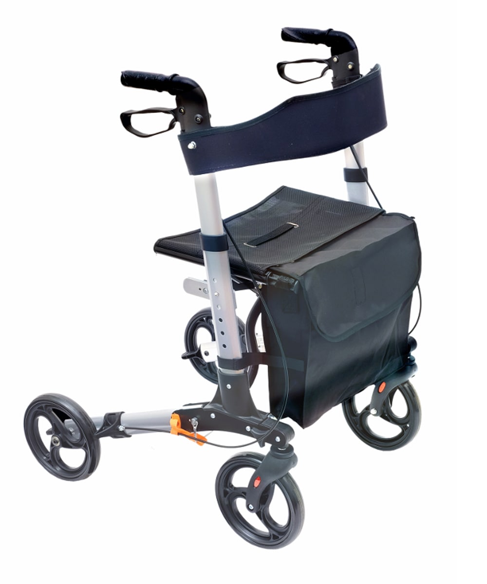 Rollator in alluminio bianco con seduta, schienale, freni e ruote da 20 cm, adatto per anziani e persone con difficoltà motorie.