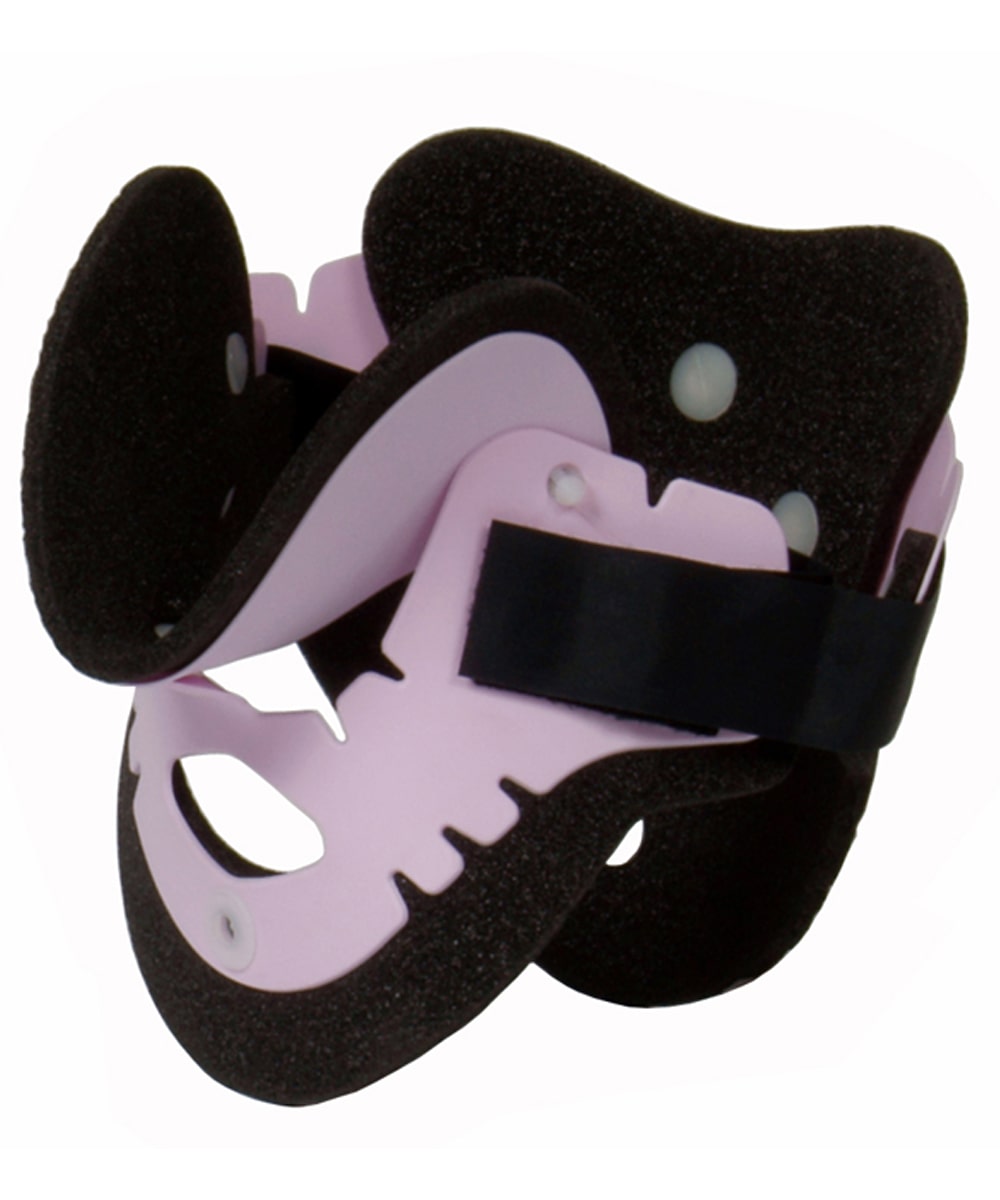 Collare cervicale infantile rosa rigido a due pezzi, con foro tracheotomia e rivestimento lavabile. Sicuro, leggero e regolabile con velcro.