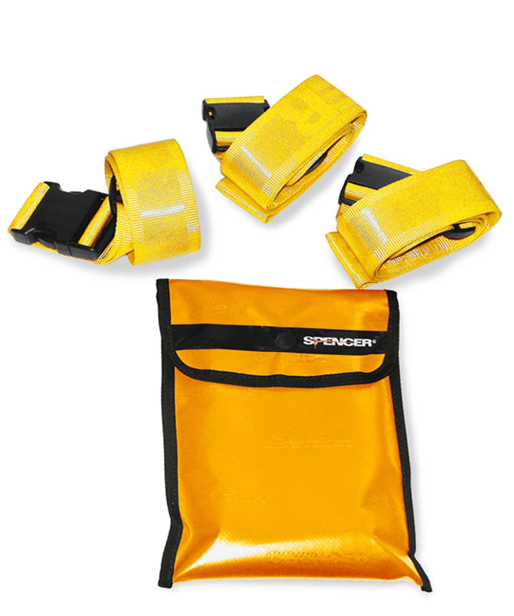 Cinture di trattenuta K Belt 3 in nylon con gancio in plastica per fissaggio sicuro del paziente su barelle e tavole spinali.