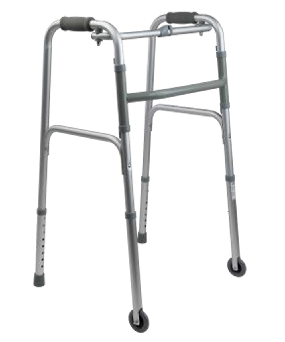 Deambulatore pieghevole in alluminio leggero, con ruote anteriori fisse e altezza regolabile, progettato per facilitare il movimento di persone con difficoltà motorie.