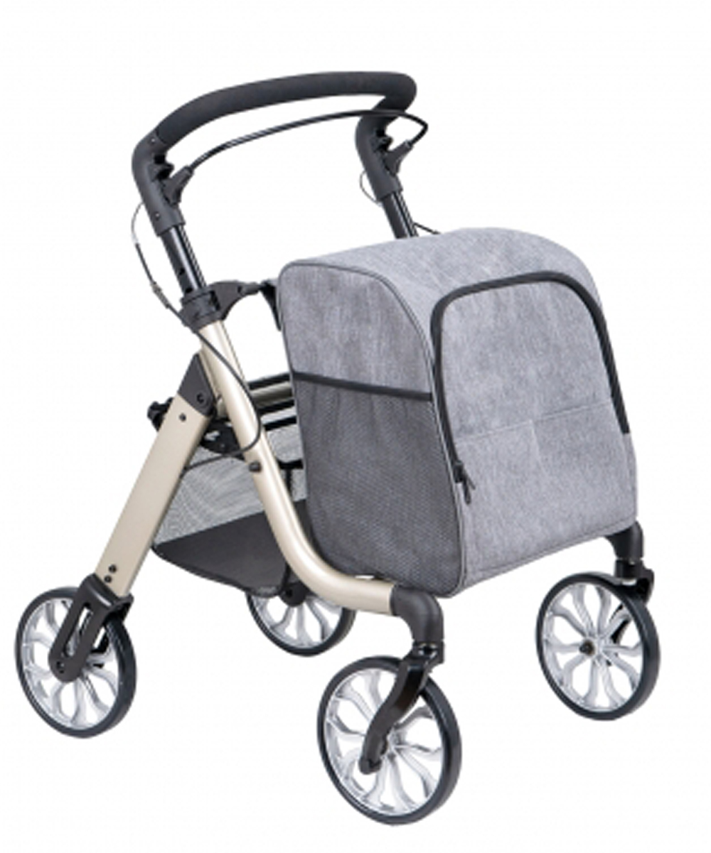 Deambulatore rollator Orlando in alluminio con quattro ruote, sistema frenante e maniglia regolabile in altezza. Include borse porta oggetti spesa anteriore e posteriore.