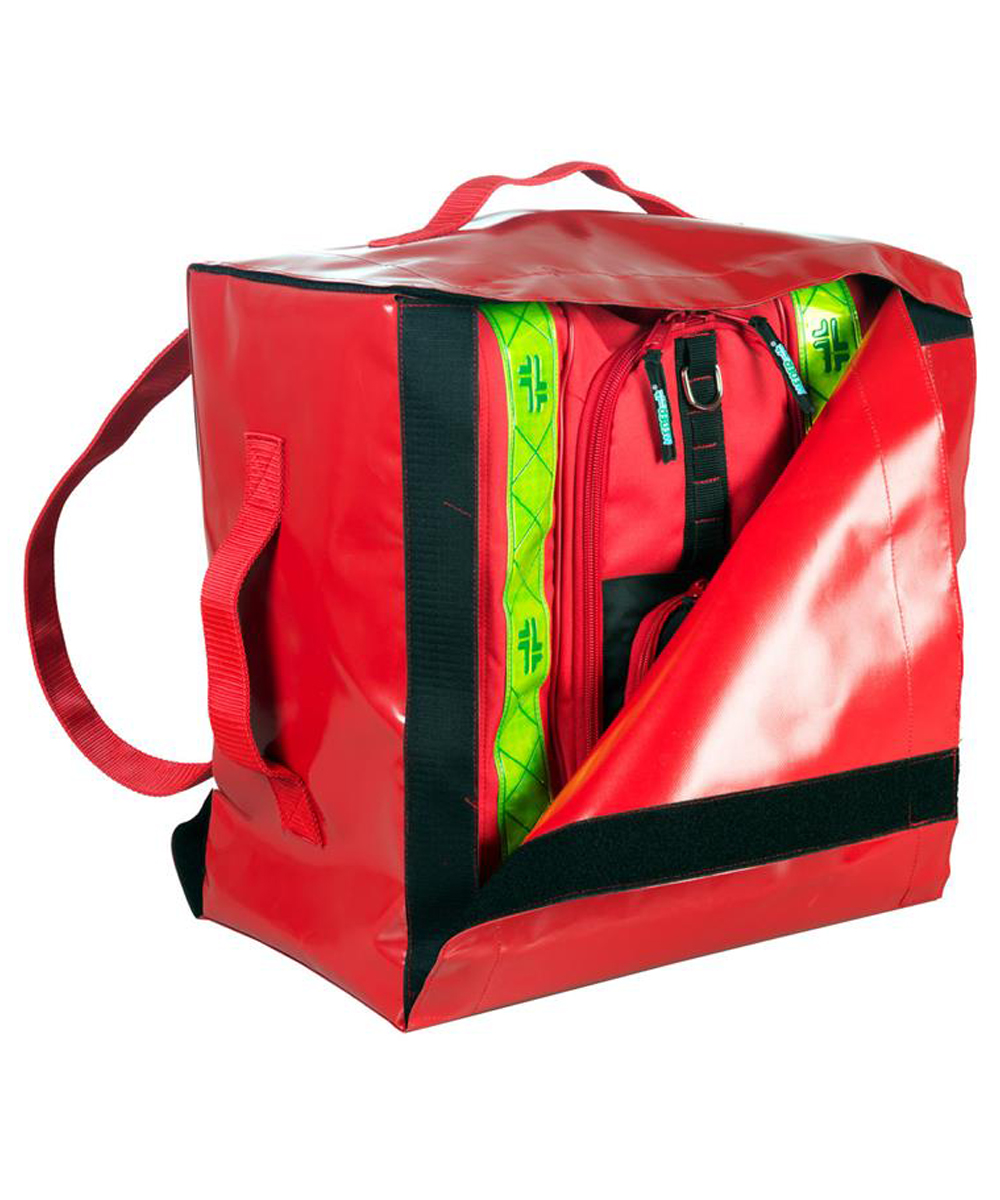 Custodia protettiva per zaino rosso 115 in PVC ignifugo, resistente, impermeabile e adatta al trasporto sicuro in ambienti professionali e di emergenza.