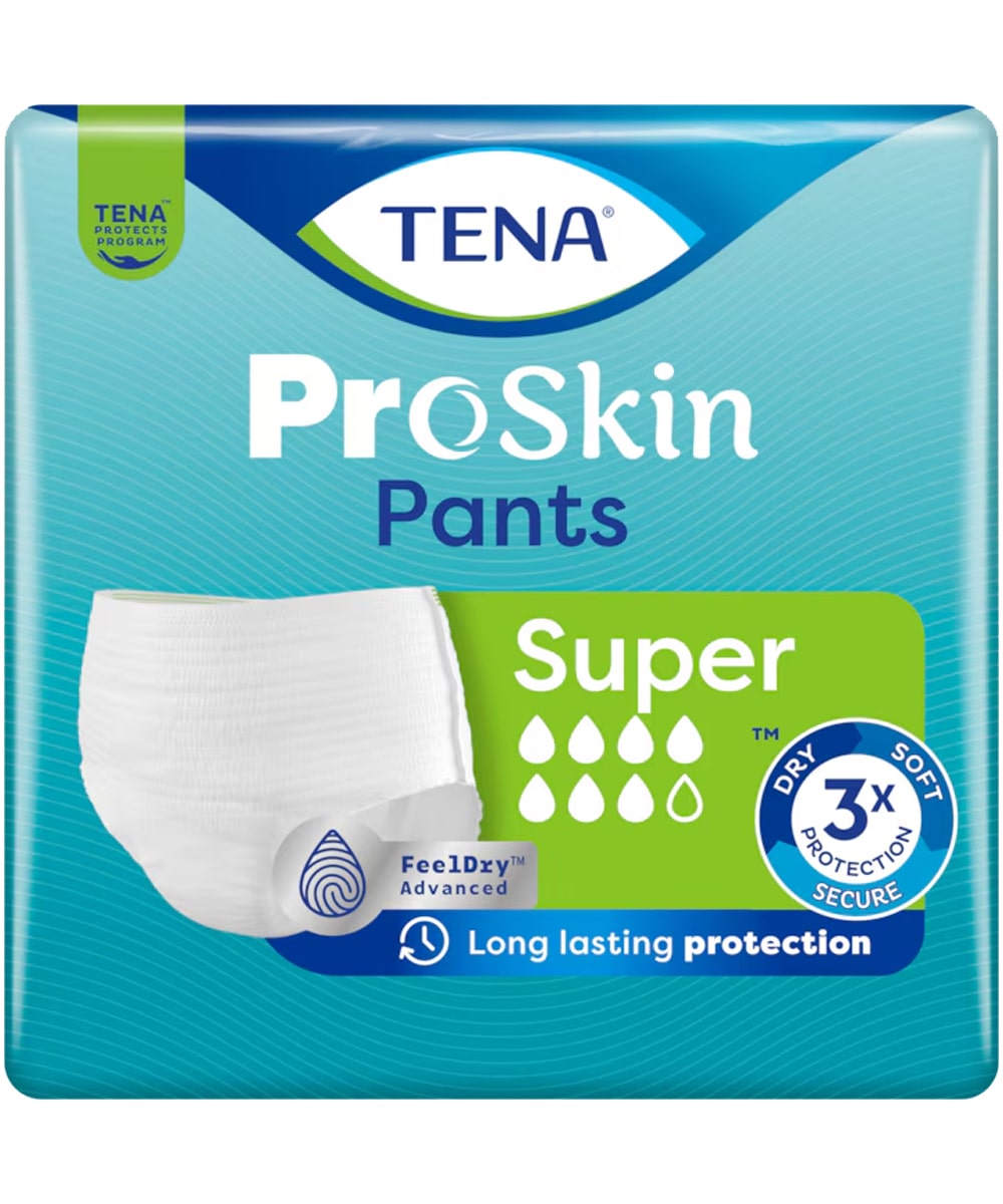 Mutandine assorbenti TENA ProSkin Pants Super per incontinenza urinaria moderata e abbondante, con assorbenza elevata e materiali traspiranti.