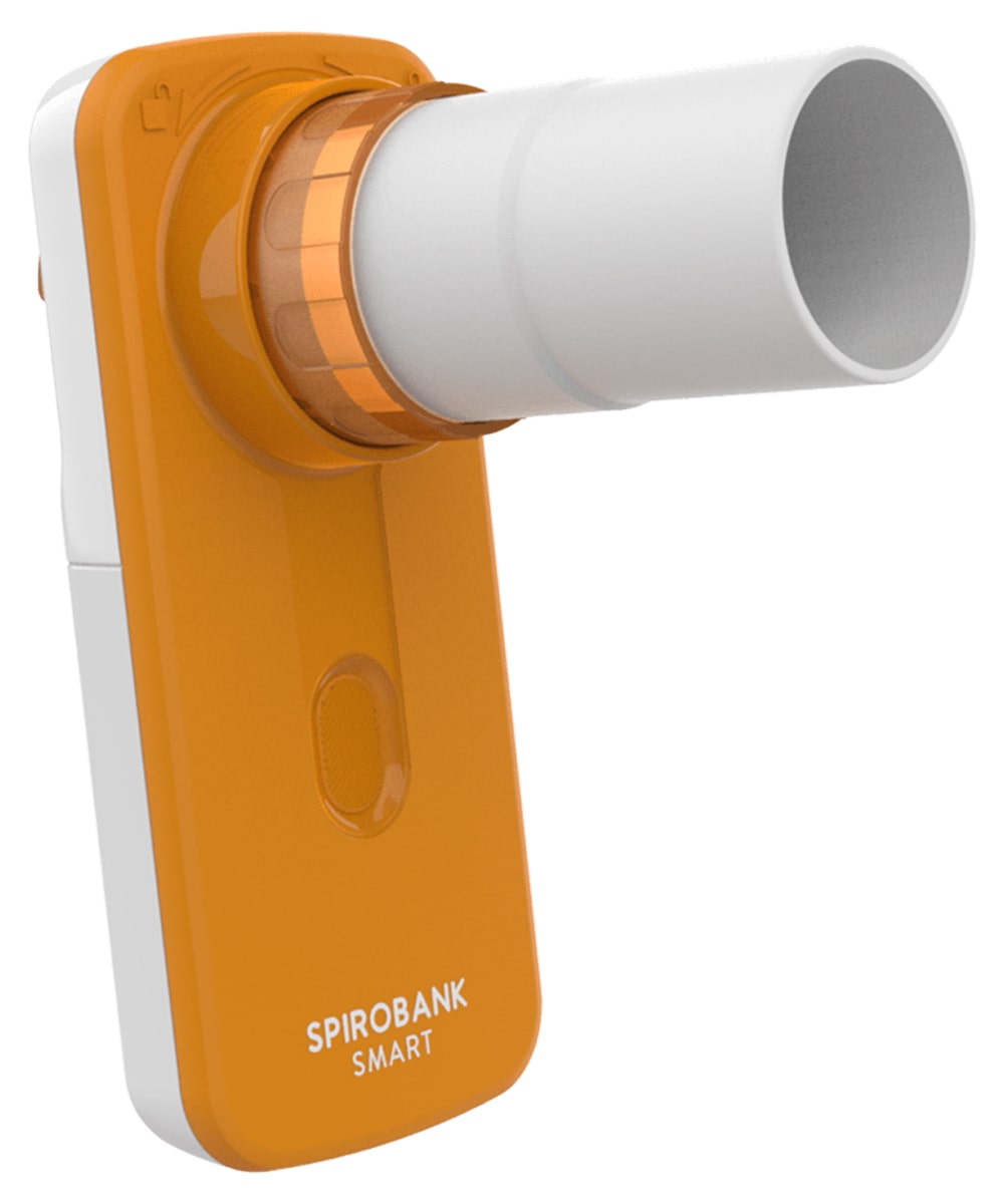 Spirometro Spirobank Smart portatile con tecnologia Bluetooth e funzione Live Video Exam per test respiratori da remoto su app mobile.