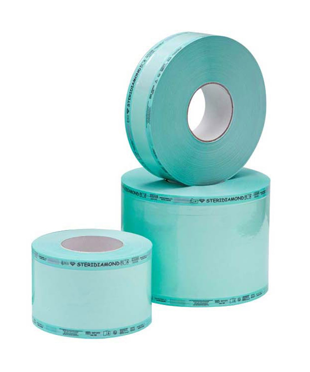 Rotolo per sterilizzazione piatto Steridiamond 7,5 cm x 200 m in carta medicale con film trasparente verde rinforzato.