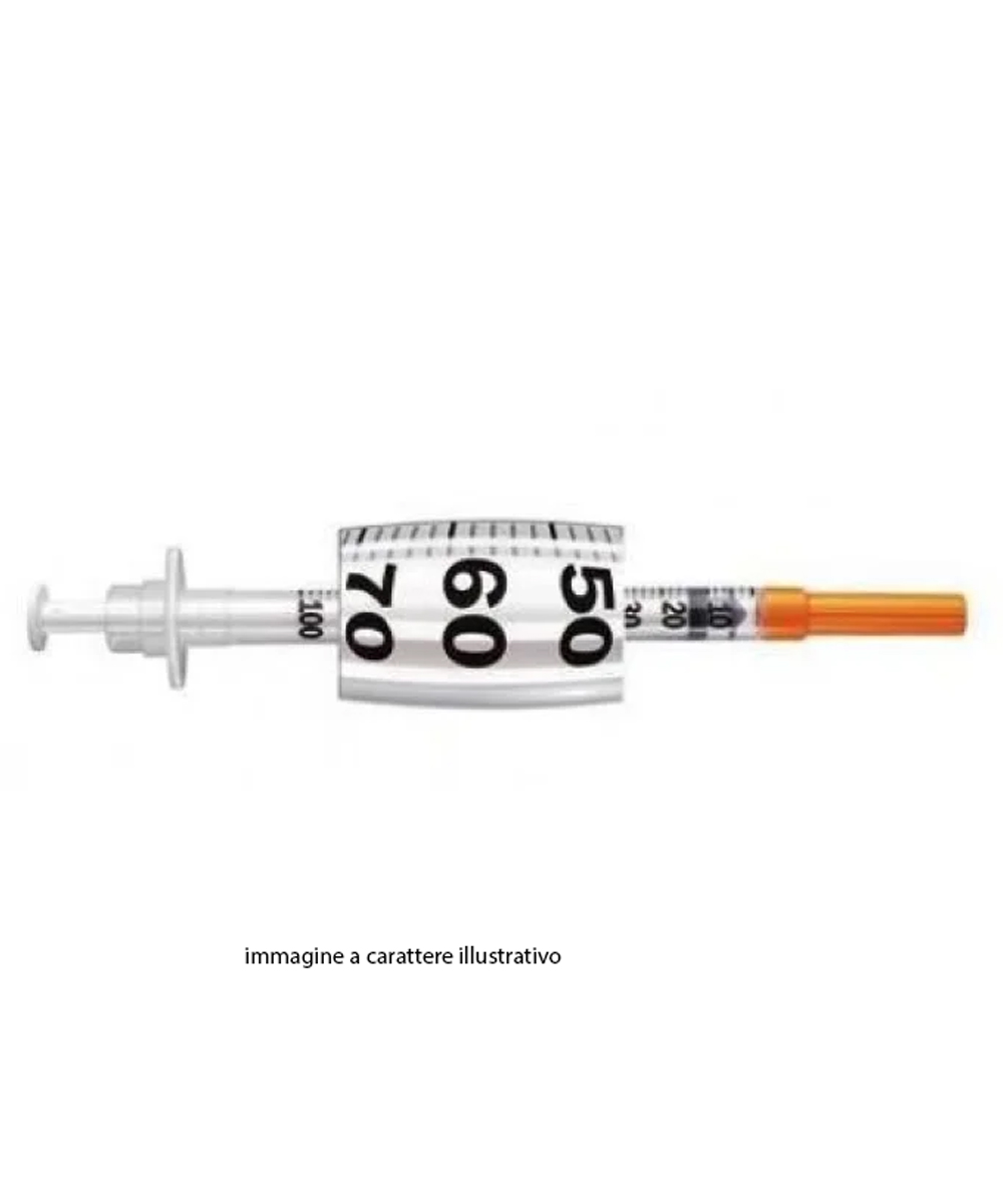 Siringa per insulina G25 1ml PIC con ago a triplice affilatura per iniezioni confortevoli, gommino Latex Free e sistema Spazio-Zero. Confezione da 100 pezzi.