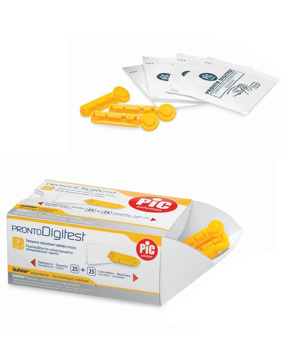 Kit con 25 lancette pungidito sterili da 30G e 25 tamponcini assorbenti confezionati in dispenser, ideale per controllo glicemico preciso e igienico.