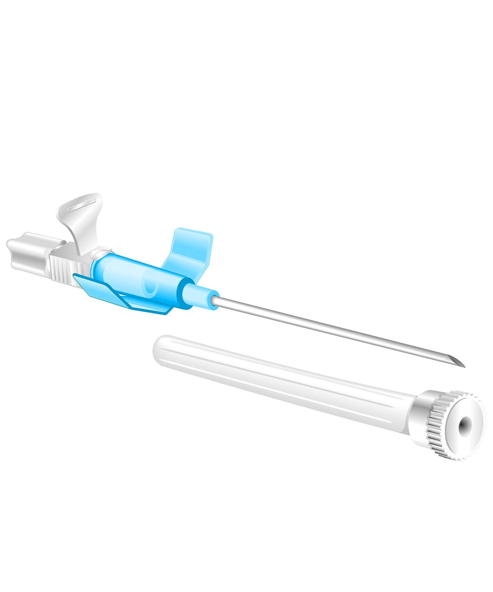Ago cannula monouso sterile G22 25 mm blu con cono Luer Lock, catetere radio-opaco e affilatura atraumatica per procedure endovenose.