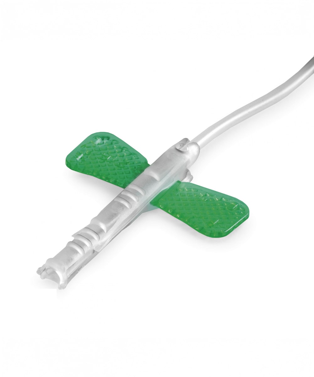 Ago microperfusore sterile monouso G21 con sicurezza, ago butterfly verde 20 mm con tubo 300 mm in confezione sterile.