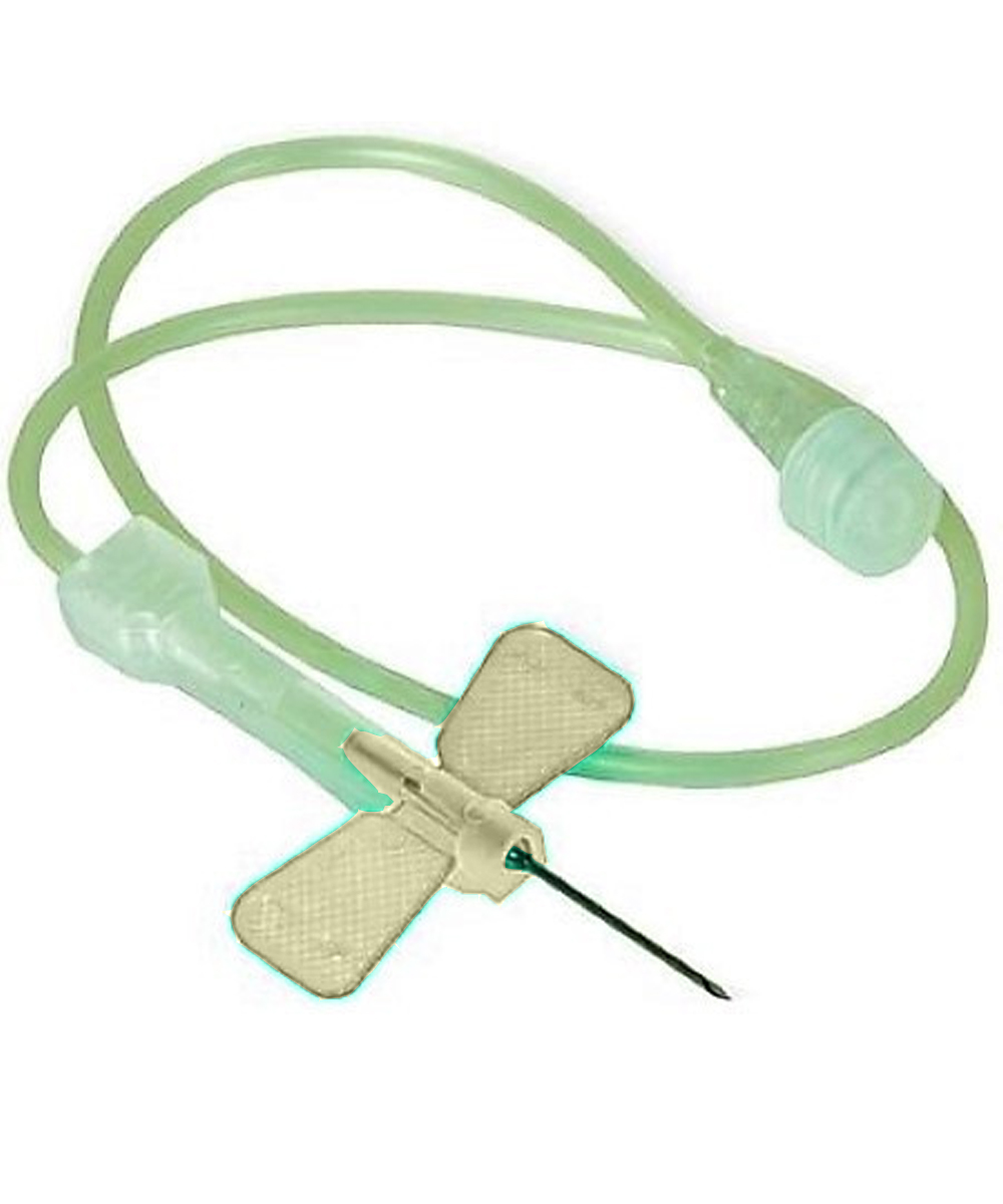 Ago a farfalla 19G crema con sistema di sicurezza integrato per prelievi e infusione sicuri. Monouso, sterile e privo di lattice.