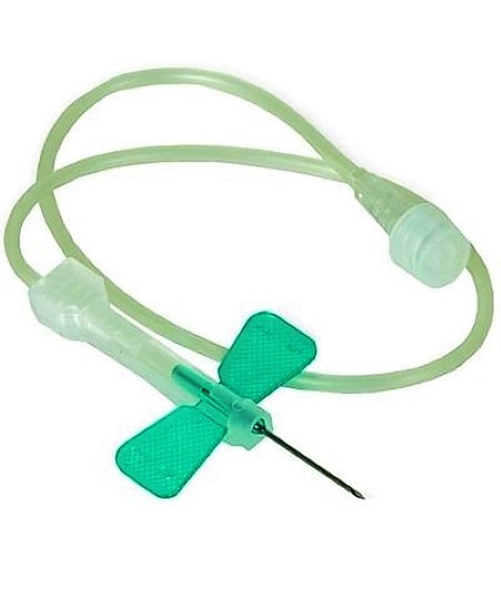 Ago a farfalla 21G verde con sistema di sicurezza integrato per prelievi e infusione sicuri. Monouso, sterile e privo di lattice.