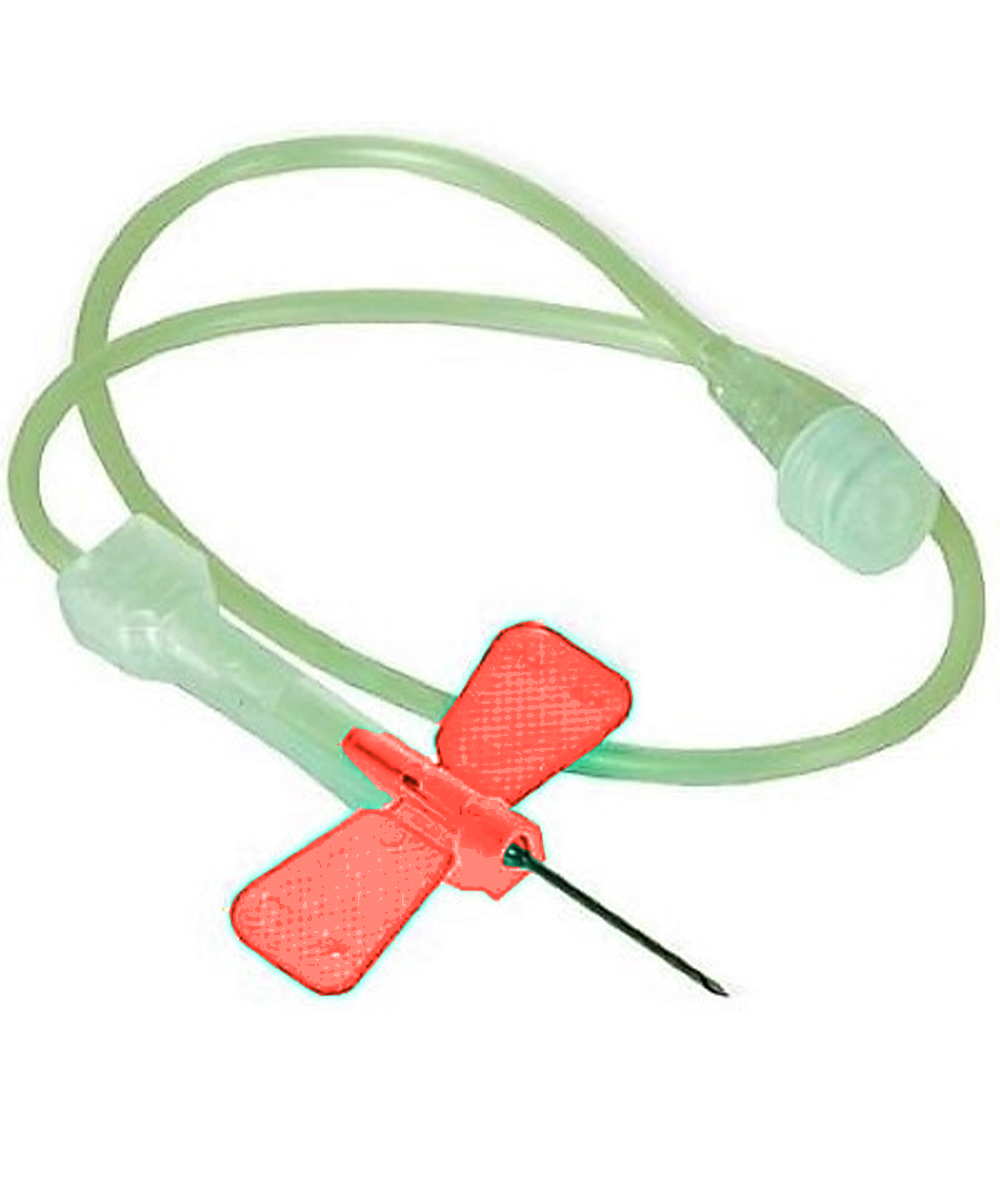 Ago a farfalla 25G arancione con sistema di sicurezza integrato per prelievi e infusione sicuri. Monouso, sterile e privo di lattice.