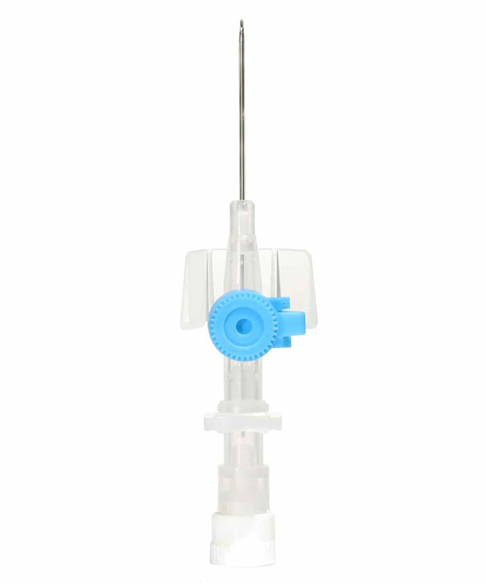 Ago cannula BD Venflon™ Pro 22G Blu in materiale Vialon™ con tecnologia Instaflash™, progettato per accessi venosi sicuri e confortevoli in ambiente clinico.