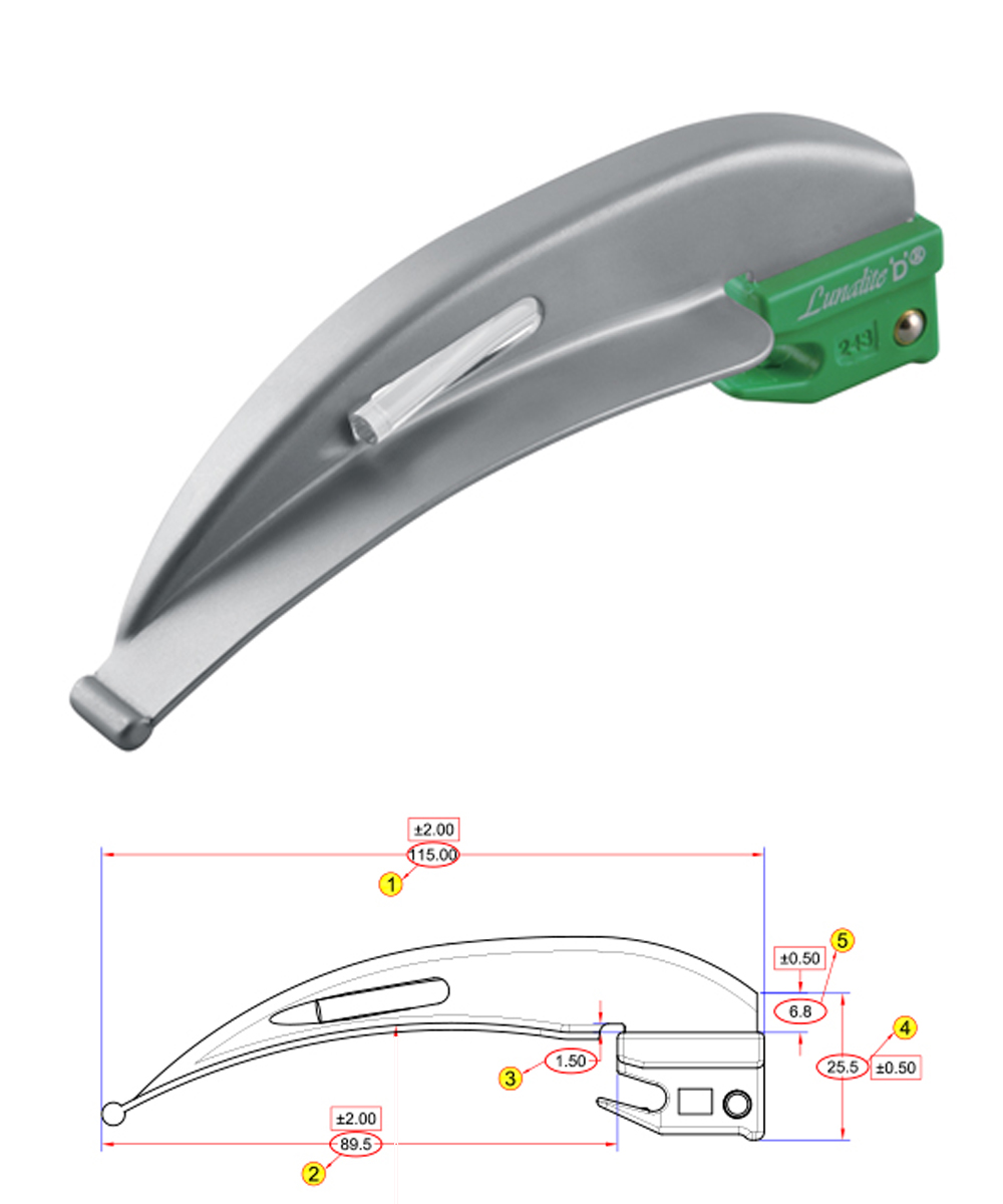 Lama per laringoscopio monouso McIntosh N°2, design sottile e alta luminosità per intubazioni pediatriche sicure e precise.