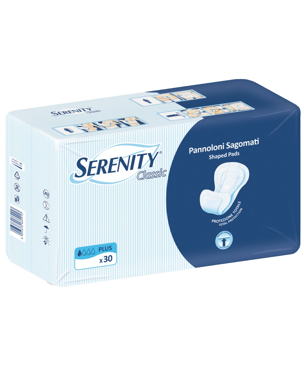 Pannolone sagomato Serenity con mutandine elasticizzate lavabili per incontinenza moderata e grave, soluzione professionale con assorbenza elevata e protezione sicura.