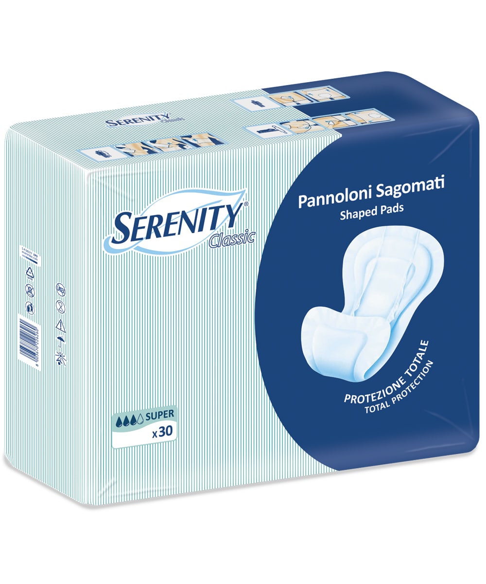 Pannolone sagomato Serenity con mutandine elasticizzate lavabili per incontinenza moderata e grave, soluzione professionale con assorbenza elevata e protezione sicura.