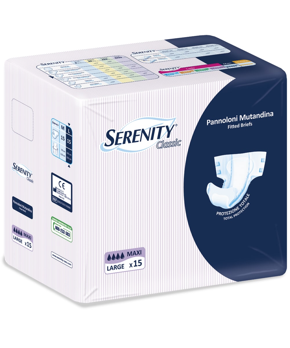 Pannolone assorbente maxi taglia L con alta protezione per incontinenza urinaria e fecale, ideale per uso professionale e assistenza domiciliare.