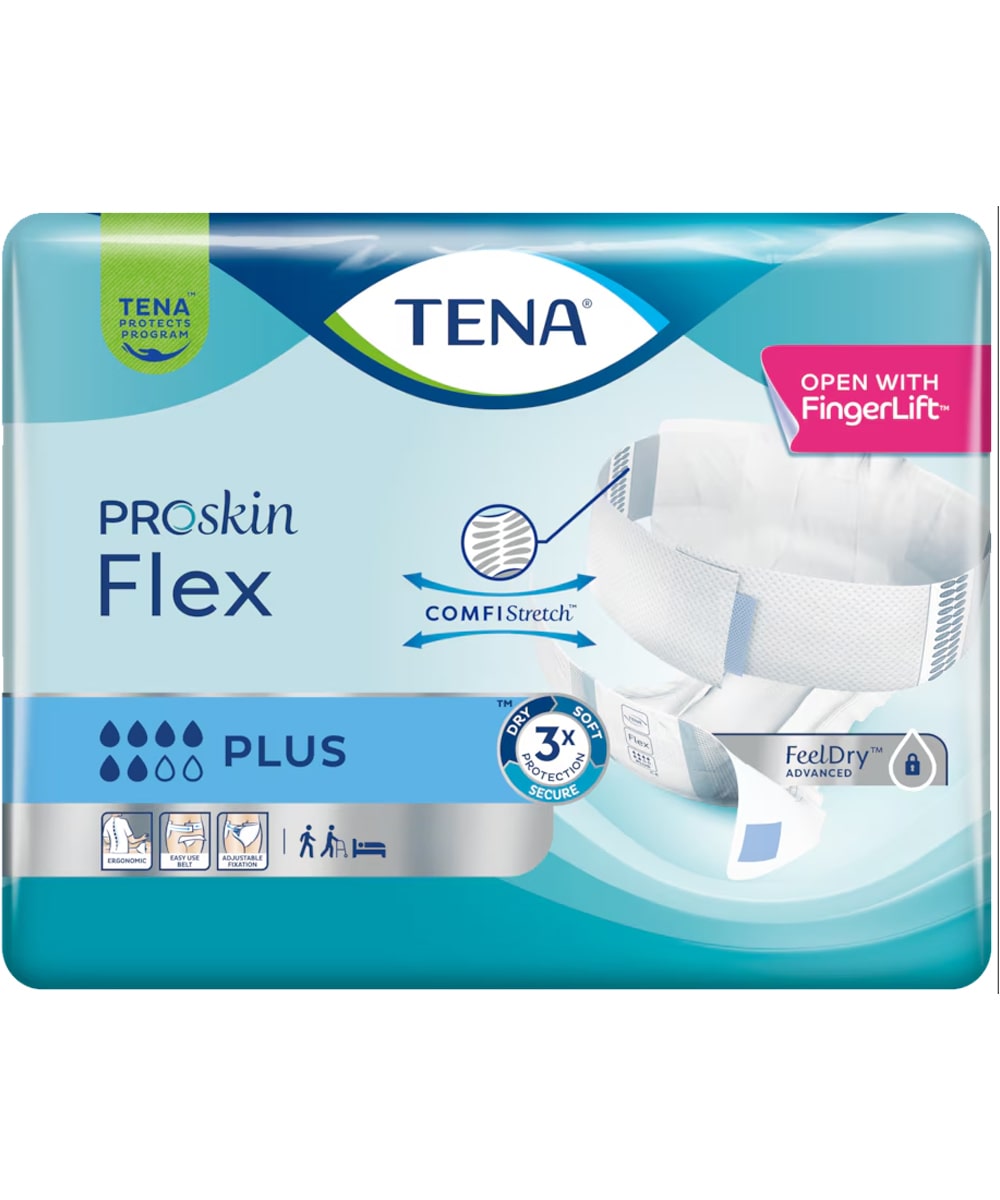 TENA ProSkin Flex Plus assorbente a cintura per incontinenza pesante, con COMFIStretch™ e protezione avanzata contro le perdite urinarie.