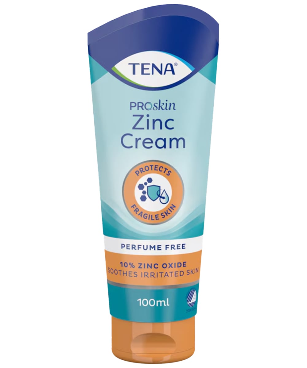 Crema protettiva TENA ProSkin Zinc Cream con ossido di zinco 10% in tubo da 100 ml, ideale per pelle fragile, matura e sensibile.