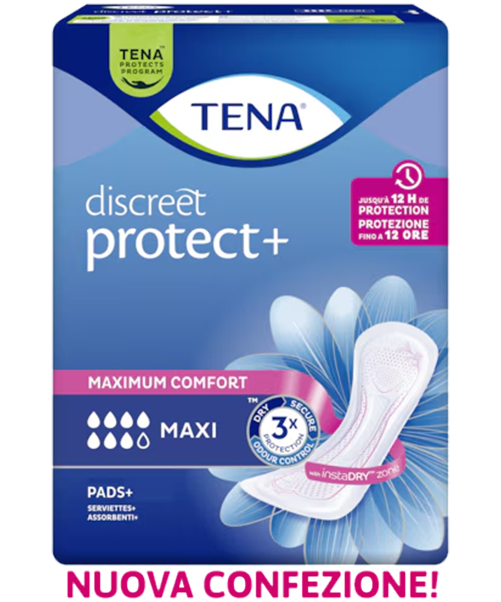 Assorbente TENA Discreet Maxi con design anatomico, tecnologia instaDRY e Tripla Protezione contro perdite, odori e bagnato.