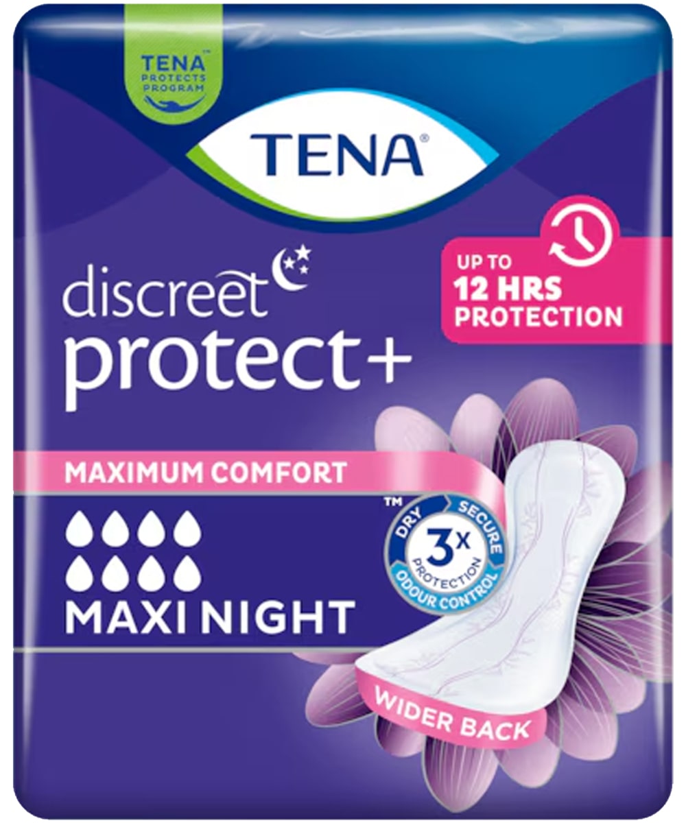 assorbente TENA Discreet Protect+ Maxi Night, protezione notturna per perdite urinarie abbondanti, comfort traspirante e sicurezza fino a 12 ore.