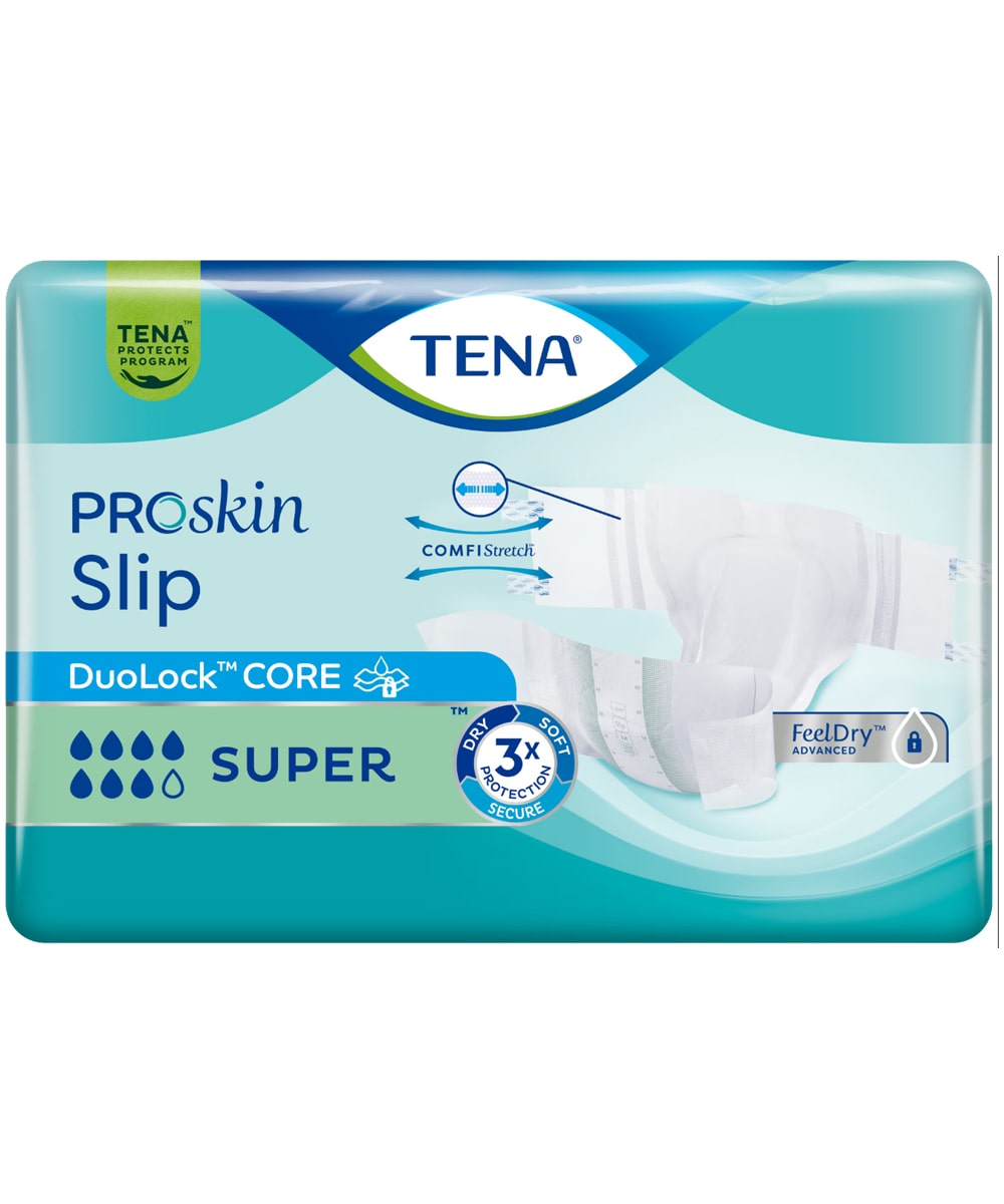TENA ProSkin Slip Super pannolino a mutandina per incontinenza con barriere elastiche ComfiStretch™ e nucleo DuoLock™ ad alta assorbenza.