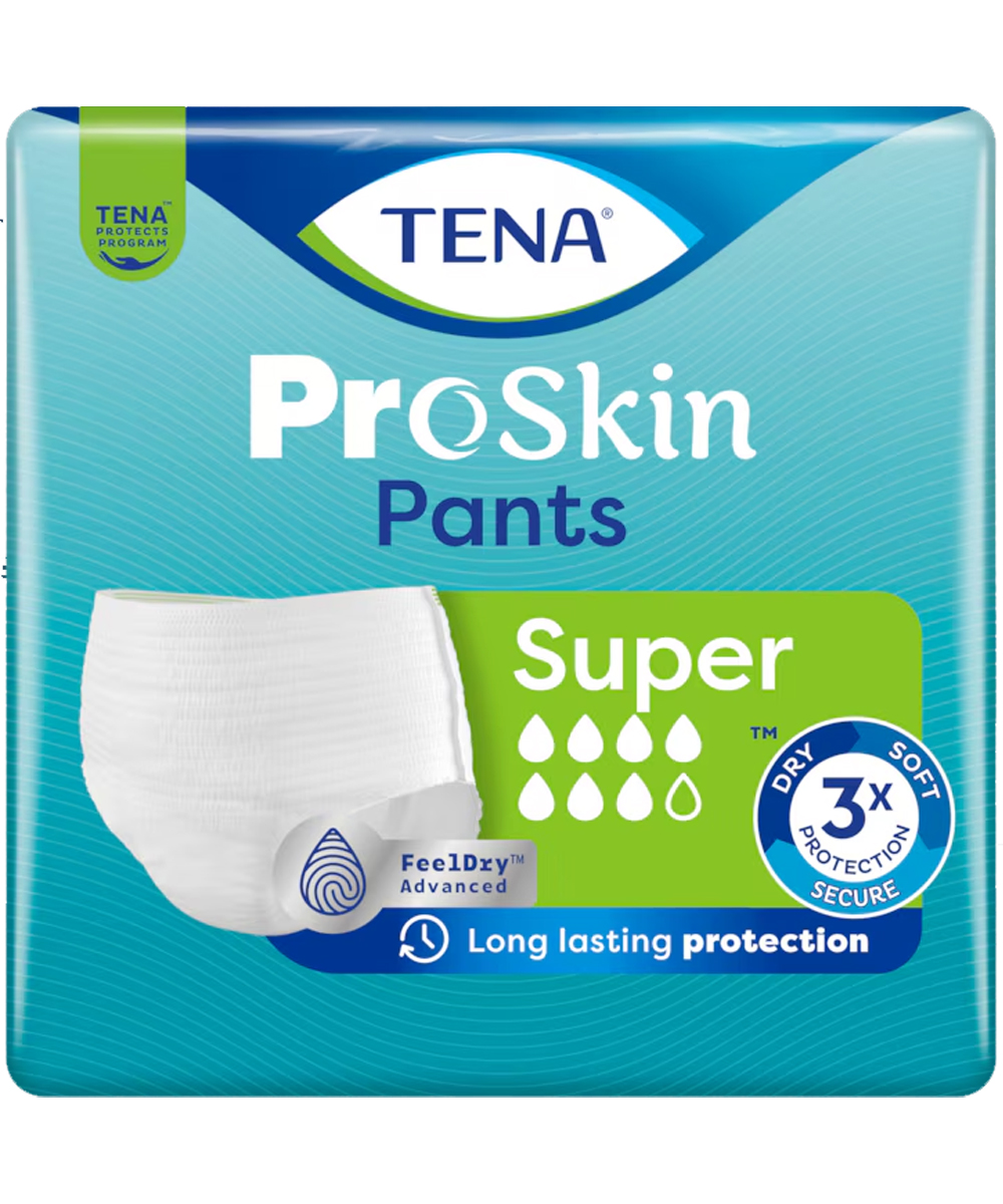 TENA ProSkin Pants Super, mutandine assorbenti monouso, protezione elevata contro perdite urinarie, comfort avanzato e pelle asciutta.