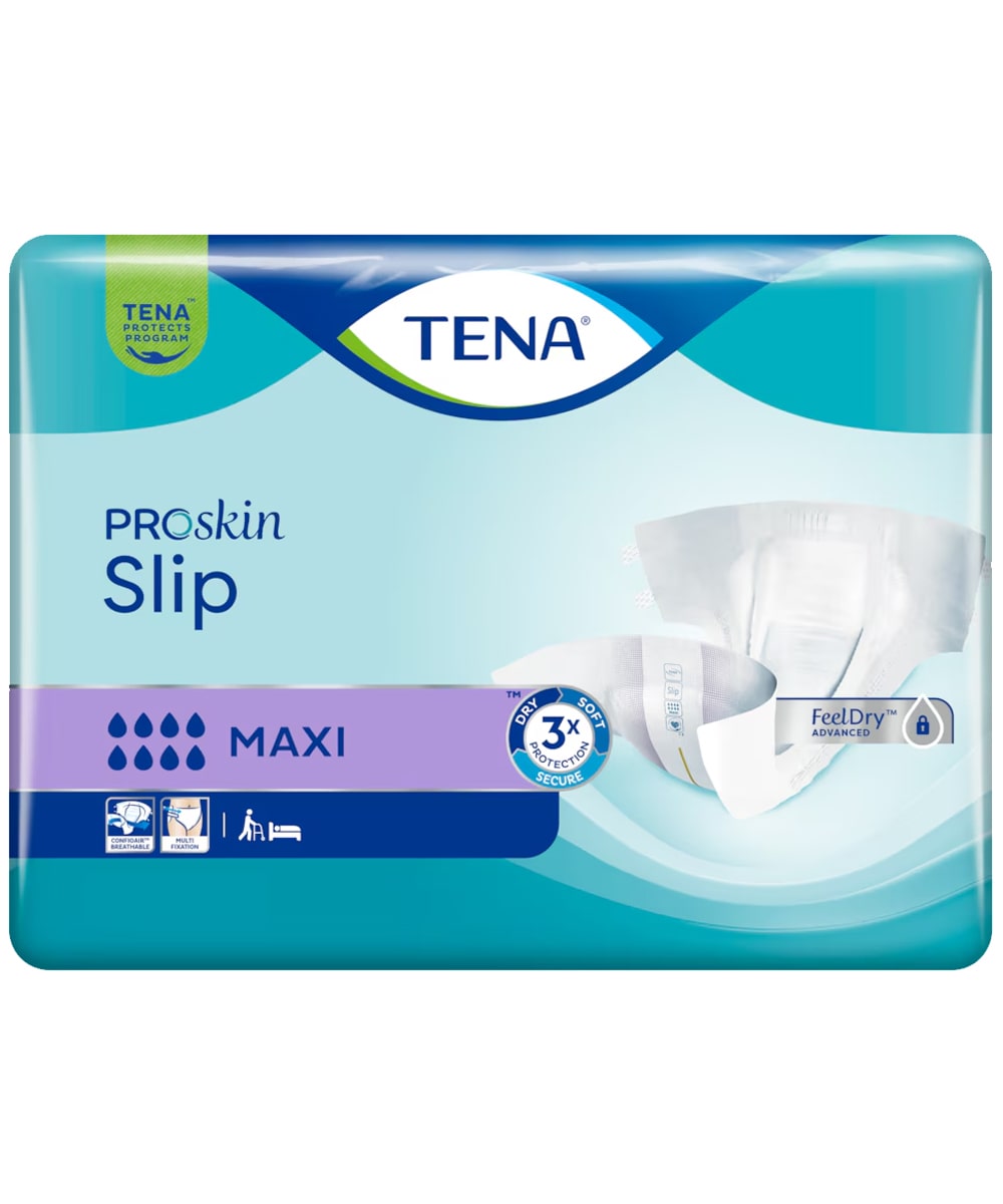 TENA Slip Maxi pannolone a mutandina per incontinenza pesante, elevata protezione assorbente, comfort prolungato e materiali traspiranti per uso professionale.